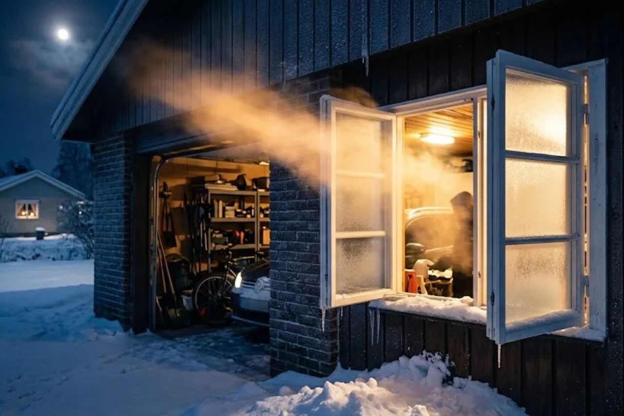 Fenêtre du garage ouverte en hiver
